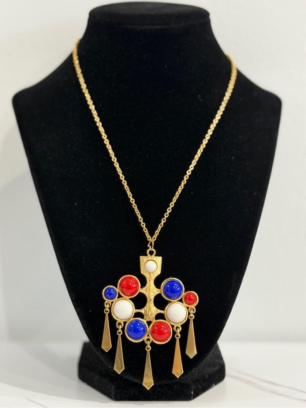 Vintage Gold Fringe Pendant Necklace with Red, Blue and White Accents
